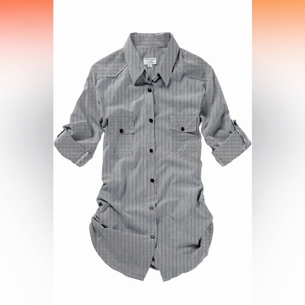 Matchstick Sz MEDIUM Black White Stripe Button Up Blouse Top 3/4 Sleeve Collar